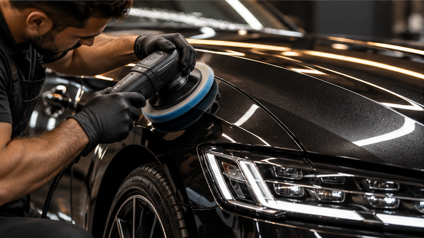 Detailer polishing automotive paint under inspection lighting