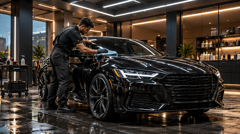 Detailer hand-finishing the exterior of a black luxury sedan