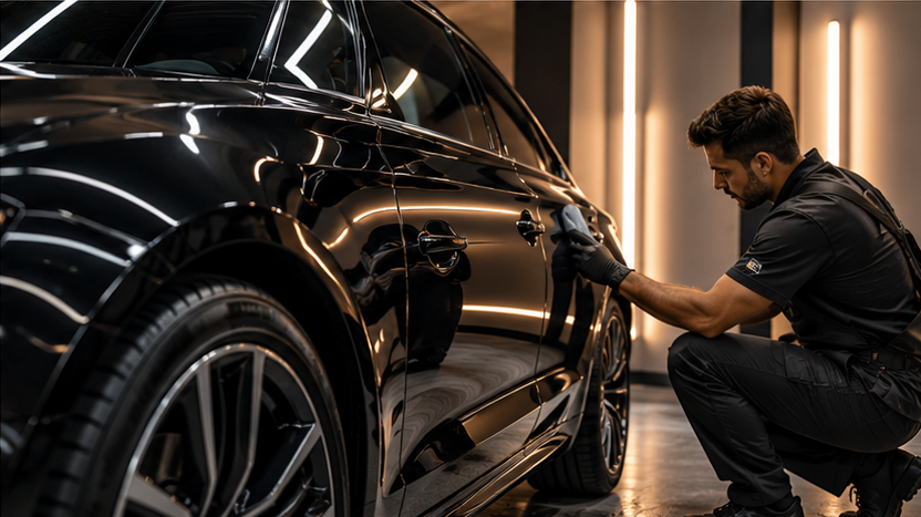 Detailer completing final inspection and wipe-down on glossy black vehicle