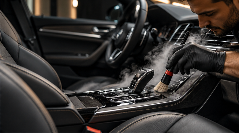 Professional detailer steam-cleaning a luxury vehicle interior